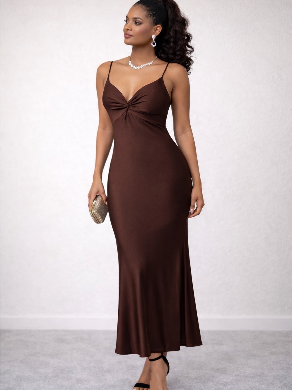 Brown Spandex Twist-Front Maxi Slip Dress